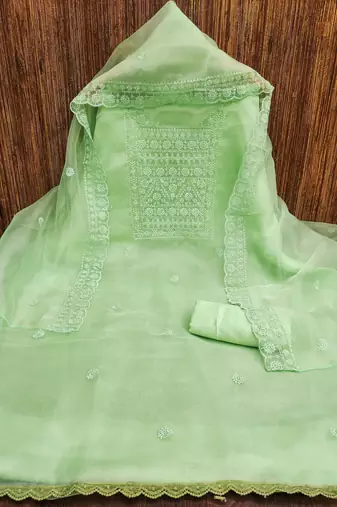 sea green organza embroidered unstitched dressmaterials 3 pair top bottom dupptaa
