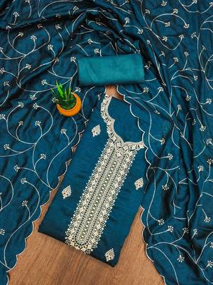 aqua silk blend embroidered unstitched dressmaterials 3 pair top bottom dupptaa 1