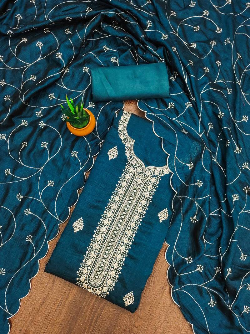 aqua silk blend embroidered unstitched dressmaterials 3 pair top bottom dupptaa