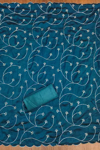 aqua silk blend embroidered unstitched dressmaterials 3 pair top bottom dupptaa