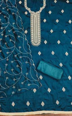 aqua silk blend embroidered unstitched dressmaterials 3 pair top bottom dupptaa 3
