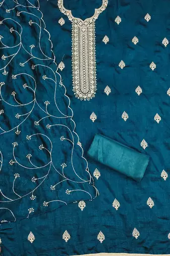 aqua silk blend embroidered unstitched dressmaterials 3 pair top bottom dupptaa