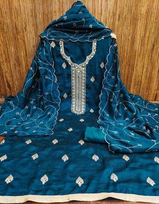 aqua silk blend embroidered unstitched dressmaterials 3 pair top bottom dupptaa 4