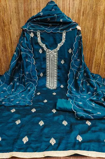 aqua silk blend embroidered unstitched dressmaterials 3 pair top bottom dupptaa