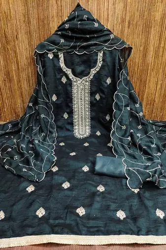 black silk blend embroidered unstitched dressmaterials 3 pair top bottom dupptaa