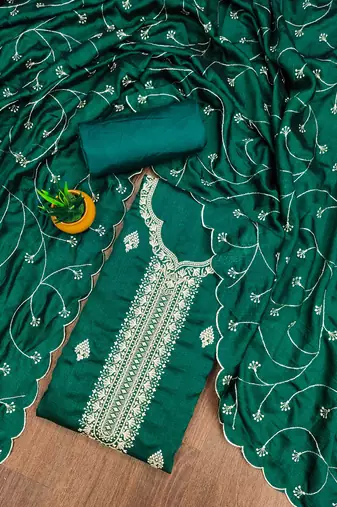 green silk blend embroidered unstitched dressmaterials 3 pair top bottom dupptaa