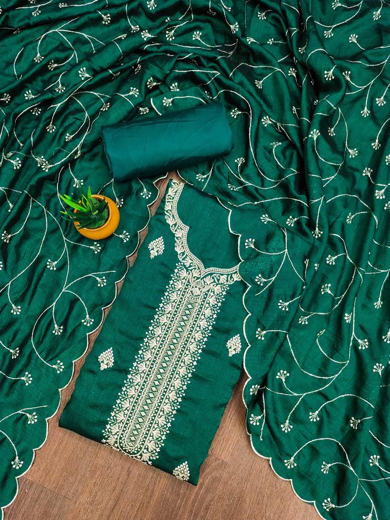 green silk blend embroidered unstitched dressmaterials 3 pair top bottom dupptaa