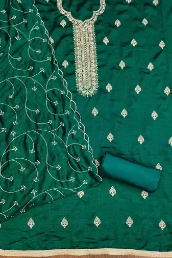 green silk blend embroidered unstitched dressmaterials 3 pair top bottom dupptaa