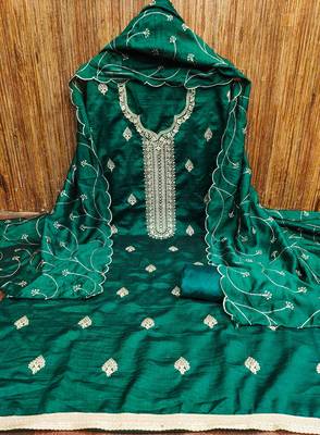 green silk blend embroidered unstitched dressmaterials 3 pair top bottom dupptaa 4
