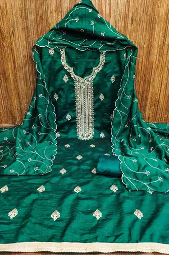 green silk blend embroidered unstitched dressmaterials 3 pair top bottom dupptaa