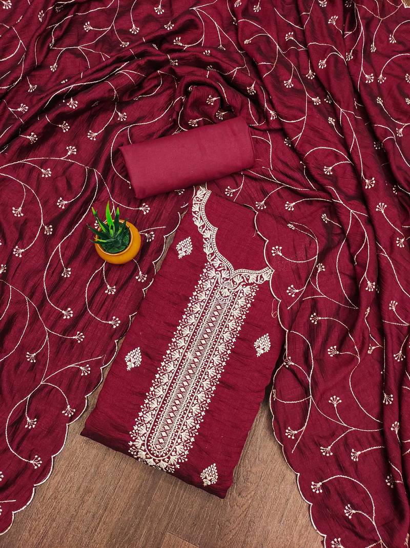 red silk blend embroidered unstitched dressmaterials 3 pair top bottom dupptaa