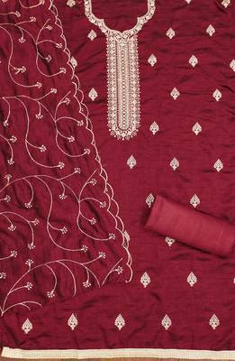 red silk blend embroidered unstitched dressmaterials 3 pair top bottom dupptaa 3