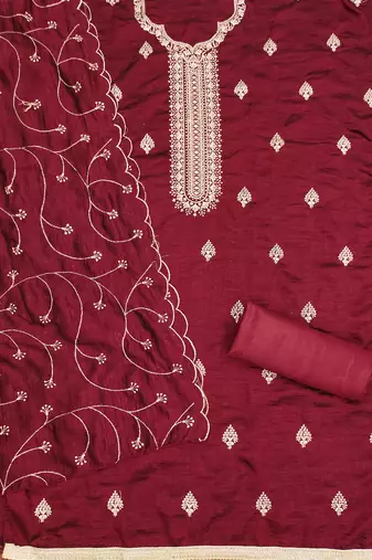 red silk blend embroidered unstitched dressmaterials 3 pair top bottom dupptaa