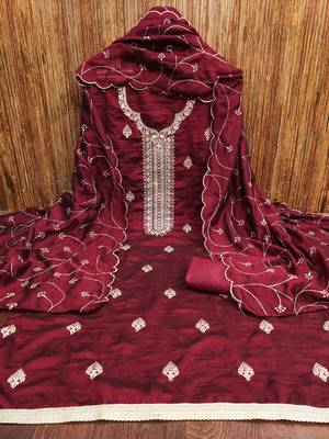 red silk blend embroidered unstitched dressmaterials 3 pair top bottom dupptaa 4