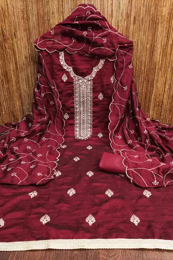 red silk blend embroidered unstitched dressmaterials 3 pair top bottom dupptaa