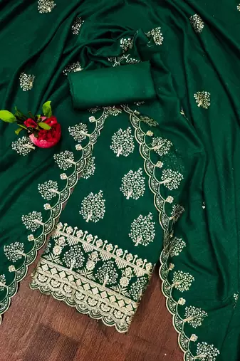 green silk blend embroidered unstitched dressmaterials 3 pair top bottom dupptaa