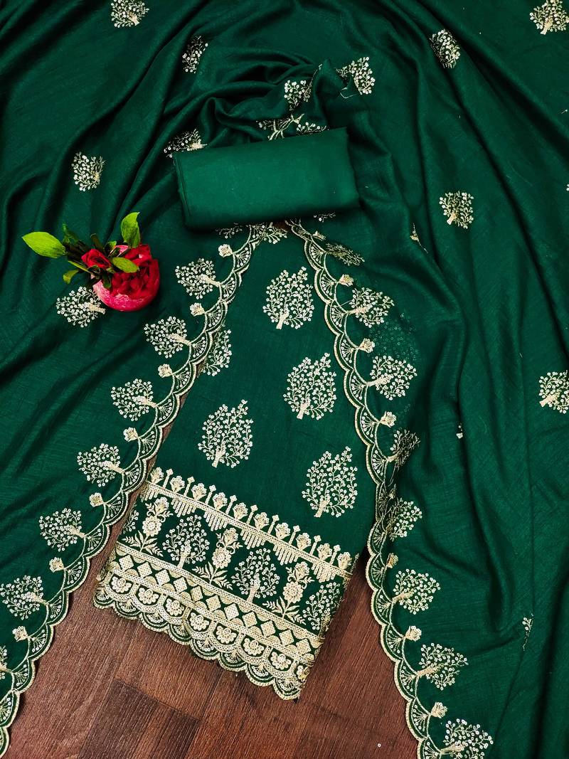 green silk blend embroidered unstitched dressmaterials 3 pair top bottom dupptaa