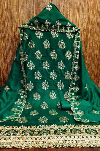 green silk blend embroidered unstitched dressmaterials 3 pair top bottom dupptaa