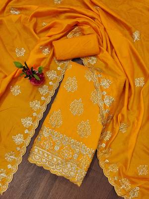 musturd silk blend embroidered unstitched dressmaterials 3 pair top bottom dupptaa 1