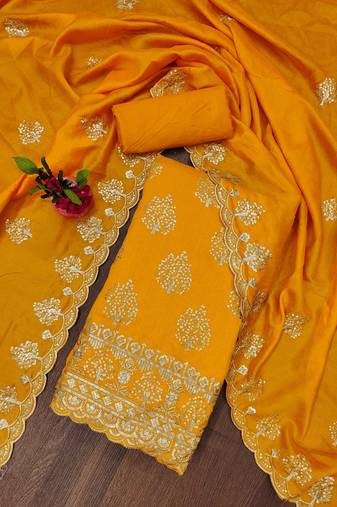 musturd silk blend embroidered unstitched dressmaterials 3 pair top bottom dupptaa