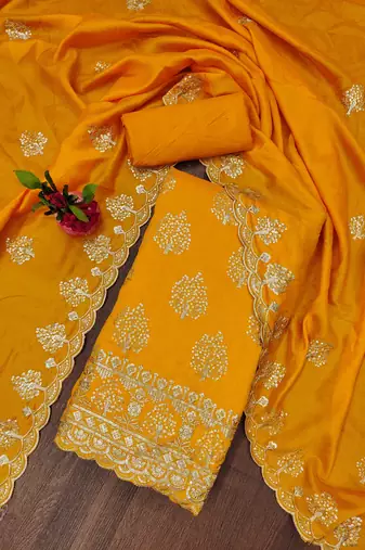 musturd silk blend embroidered unstitched dressmaterials 3 pair top bottom dupptaa