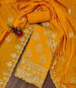 musturd silk blend embroidered unstitched dressmaterials 3 pair top bottom dupptaa