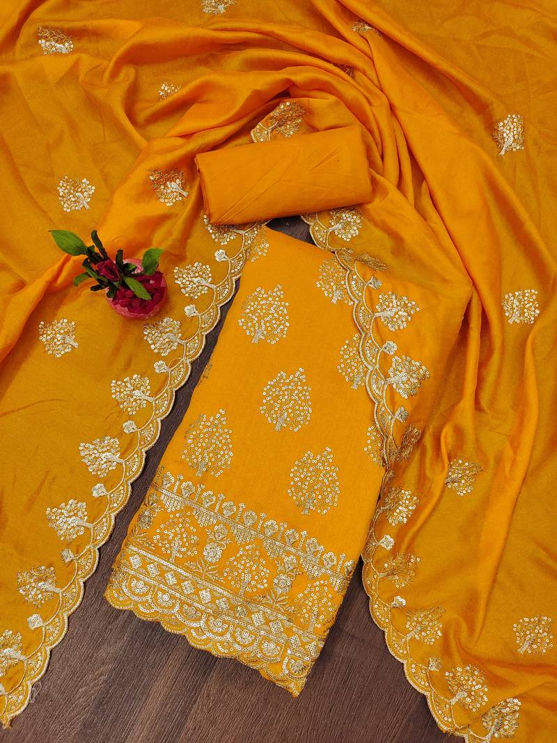 musturd silk blend embroidered unstitched dressmaterials 3 pair top bottom dupptaa