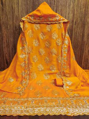 musturd silk blend embroidered unstitched dressmaterials 3 pair top bottom dupptaa 2
