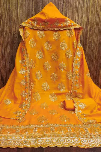 musturd silk blend embroidered unstitched dressmaterials 3 pair top bottom dupptaa