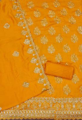 musturd silk blend embroidered unstitched dressmaterials 3 pair top bottom dupptaa 3