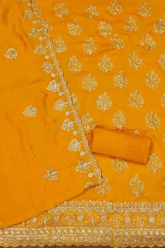 musturd silk blend embroidered unstitched dressmaterials 3 pair top bottom dupptaa
