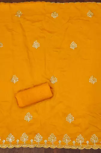 musturd silk blend embroidered unstitched dressmaterials 3 pair top bottom dupptaa