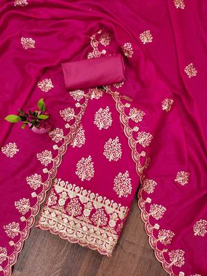 pink silk blend embroidered unstitched dressmaterials 3 pair top bottom dupptaa 1