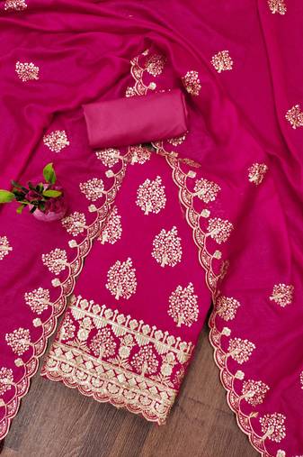 pink silk blend embroidered unstitched dressmaterials 3 pair top bottom dupptaa
