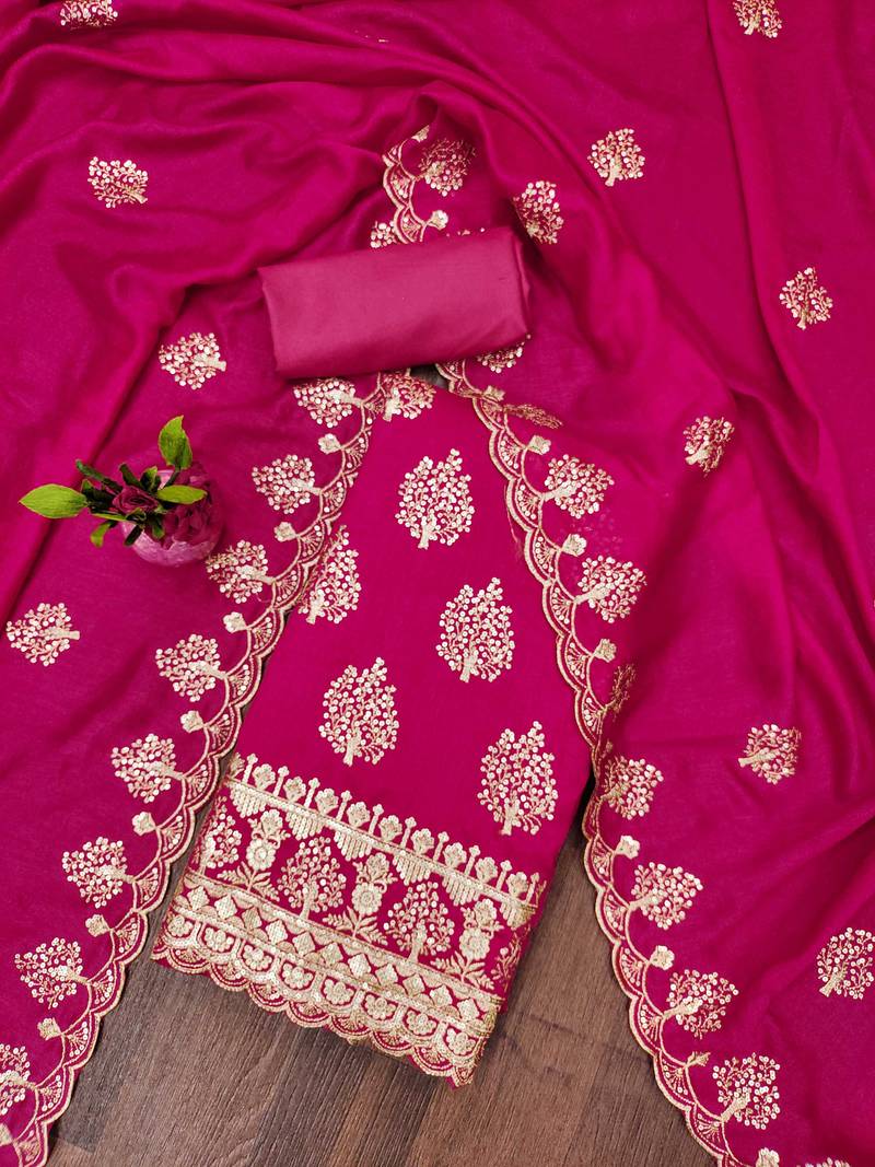 pink silk blend embroidered unstitched dressmaterials 3 pair top bottom dupptaa