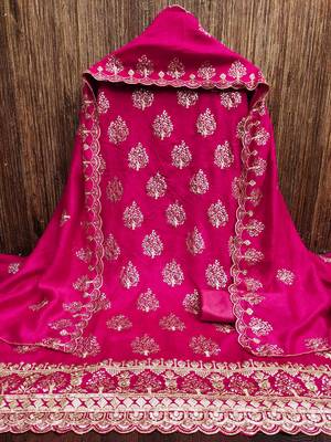 pink silk blend embroidered unstitched dressmaterials 3 pair top bottom dupptaa 2