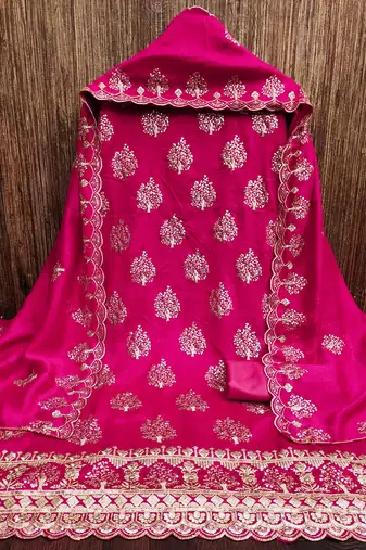 pink silk blend embroidered unstitched dressmaterials 3 pair top bottom dupptaa