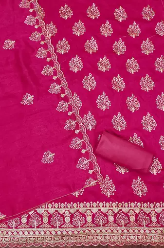 pink silk blend embroidered unstitched dressmaterials 3 pair top bottom dupptaa