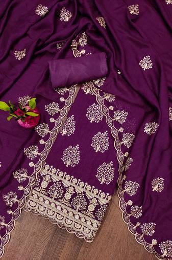 purple silk blend embroidered unstitched dressmaterials 3 pair top bottom dupptaa