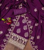 purple silk blend embroidered unstitched dressmaterials 3 pair top bottom dupptaa