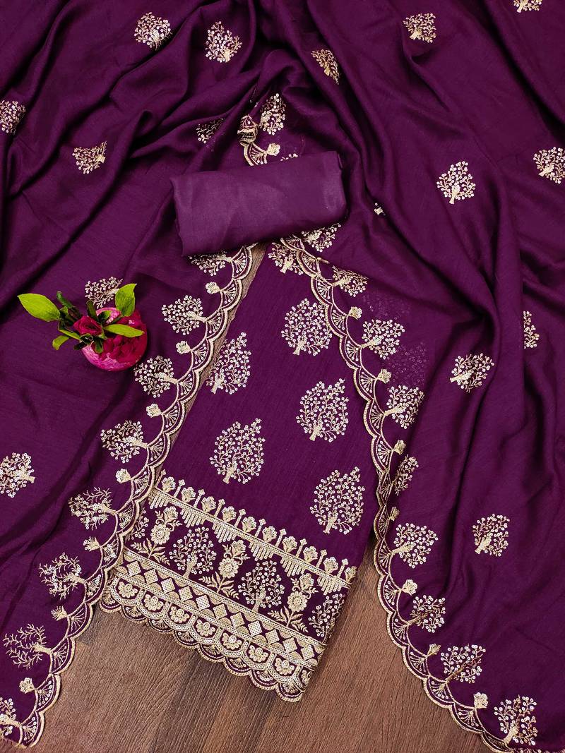 purple silk blend embroidered unstitched dressmaterials 3 pair top bottom dupptaa