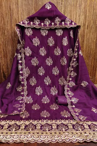 purple silk blend embroidered unstitched dressmaterials 3 pair top bottom dupptaa