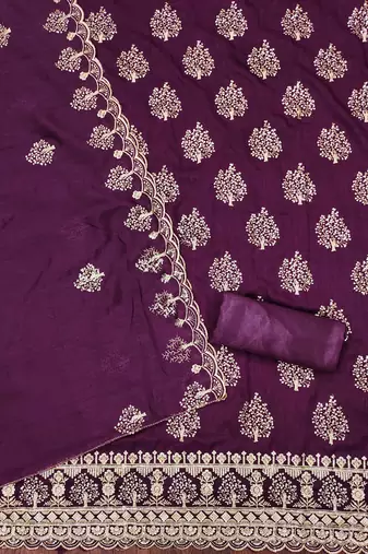 purple silk blend embroidered unstitched dressmaterials 3 pair top bottom dupptaa