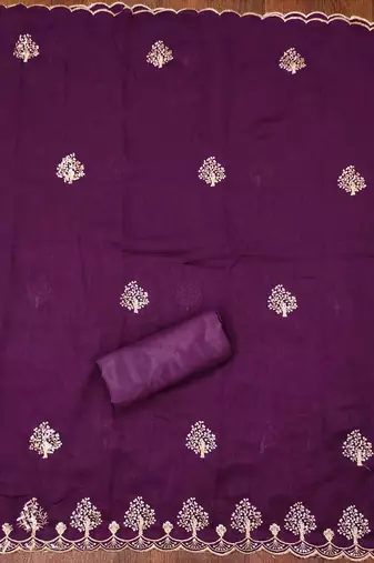 purple silk blend embroidered unstitched dressmaterials 3 pair top bottom dupptaa