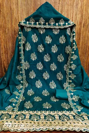 indigo silk blend embroidered unstitched dressmaterials 3 pair top bottom dupptaa