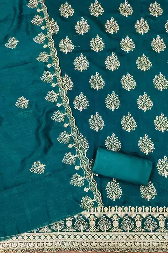 indigo silk blend embroidered unstitched dressmaterials 3 pair top bottom dupptaa