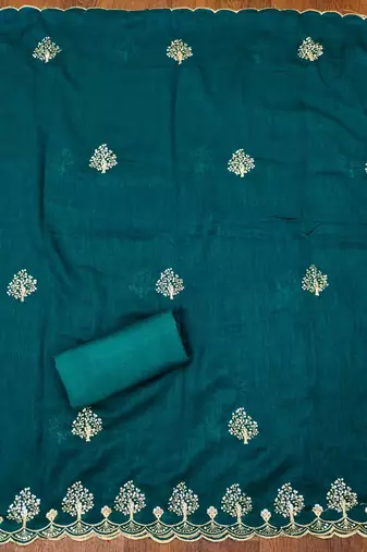 indigo silk blend embroidered unstitched dressmaterials 3 pair top bottom dupptaa