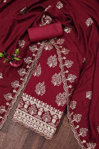 red silk blend embroidered unstitched dressmaterials 3 pair top bottom dupptaa
