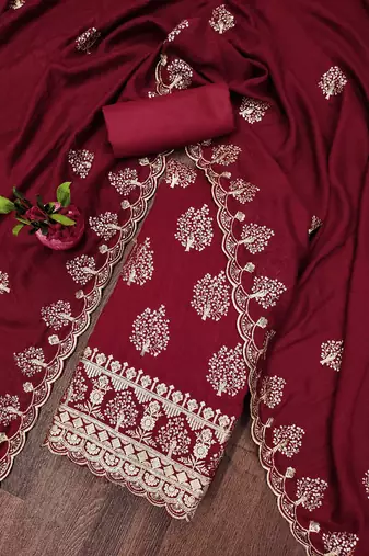 red silk blend embroidered unstitched dressmaterials 3 pair top bottom dupptaa