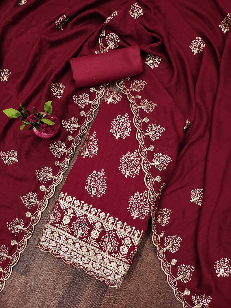 red silk blend embroidered unstitched dressmaterials 3 pair top bottom dupptaa
